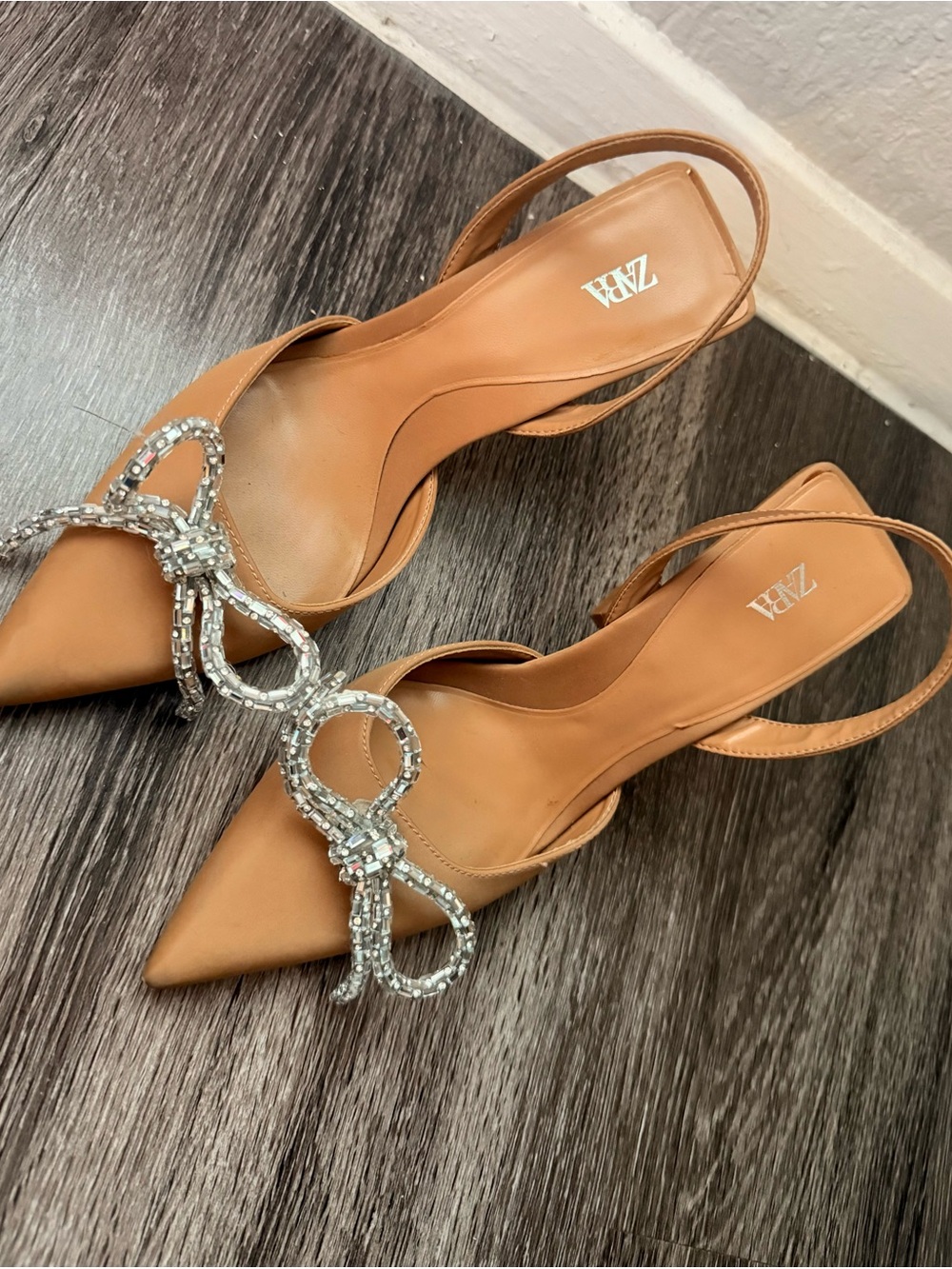 Zara Tan Pointed Slingback Heels with Crystal Bow Accent